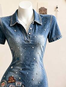 Lalippa Retro Badge Cross-Pattern Rhinestone-Embellished Printed Polo Dress Fitted Mini Club Dress - Multicolor - View 4