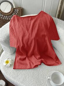 SHEIN LUNE 大尺碼女款夏季休閒純色綁帶上衣 - 紅木色 - 查看 2