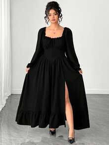 Elenzga Gaun Wanita Ukuran Plus Warna Hitam Polos Musim Semi/Gugur, Leher Persegi, Ruffle Elegan, Lengan Panjang Mengembang, Mempertegas Pinggang, Model A-Line, Belahan Bawah dengan Patchwork Ruffle, Cocok untuk Tamu Pernikahan, Wisuda, Liburan Pantai - Hitam - View 6