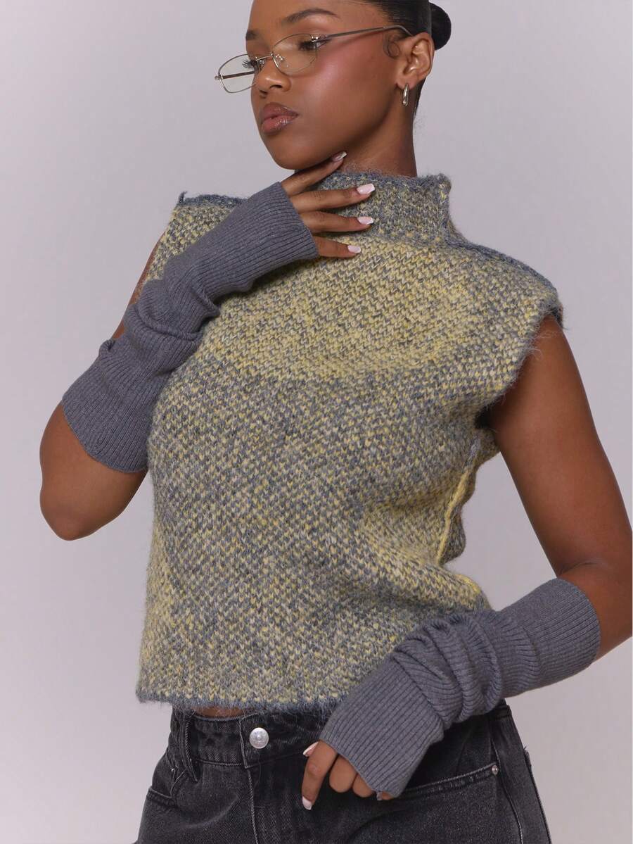 MUSERA Grey Ribbed Knit Arm Warmers Gloves Festival Rave Ibiza Clubbing Streetwear Summer Fall Winter - Dark Grey - View 1