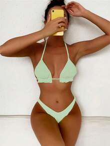 Swim Mod Women Solid Color Bikini Set With Ruffled Straps And Sexy Bandeau Top, Wireless, Summer Beach - Mint Green - View 6