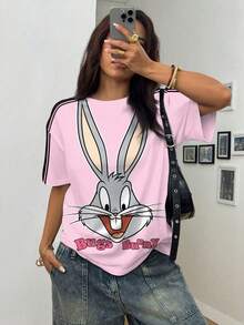 LOONEY TUNES X SHEIN 女款時尚卡通印花圓領短袖T恤 - 白色 - 查看 5