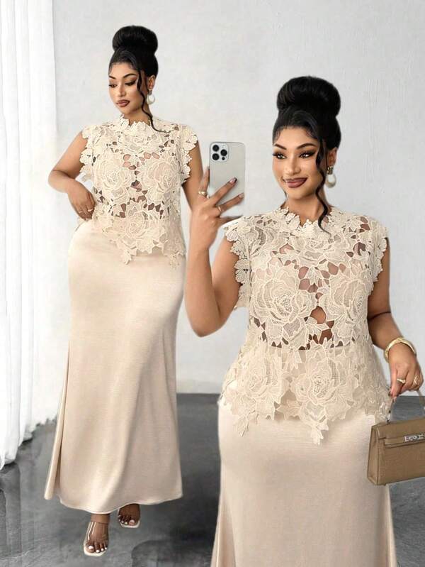 Maweii Plus Size Women's Apricot Lace Cover Up & High Waist Long Skirt Set, Loose Fit, Flattering, Draping Fabric, Long Hem, Water-Soluble Lace Embroidery, Evening Gown Set, Casual Commute, Elegant Elegant, Summer Loose Slimming Draping, Elegant Long Lace Satin Two Pieces Set