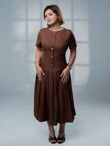 SARA VAULT Solid Button Front Pleated Hem Dress Button Dress Coffee Brown Dress Elegant Summer - Rust Brown - View 3