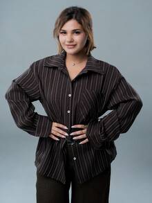 SARA VAULT Autumn Spring Brown Artistic Style Fine Striped Colorblock Patchwork Loose Business Casual Vacation Fashion Street Metal Belt Ruched Button Long Sleeve Women's Shirt - Brown - View 4