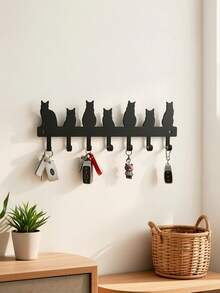 Cat Shaped Key Hook, Wall Mounted Black Metal Powder Coated Key Holder Rack, Cute Kitten Paw Print Multi Hooks, Home Decor Organizer, Space Saving Entryway Storage Rack, Easy Install Indoor Key Hanger For Keys Leashes Hats, Modern Home Decor - Black - View 4