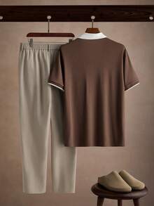 Core Aspect 2pcs Set: Vertical Ribbed Knit Fitted Casual Business Commute Daily POLO Short Sleeve Top With Solid Color Half Elastic Waistband, Belt Loops, Zipper, Casual Straight Leg Trousers - Multicolor - View 2
