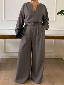Dazy Plus Autumn/Winter V-Neck Casual Commute Pullover Top & Wide Leg Pants 2 Pieces Set - Grey - View 1