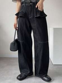 Dazy Tall Women's Loose Curved Leg Jeans With Stitching Decor, Casual Urban Style Fall - Black - View 5