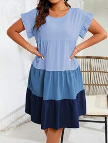 Breezaya Plus Size Color Block Ruffle Hem Round Neck Short Sleeve Dress - Blue - View 4