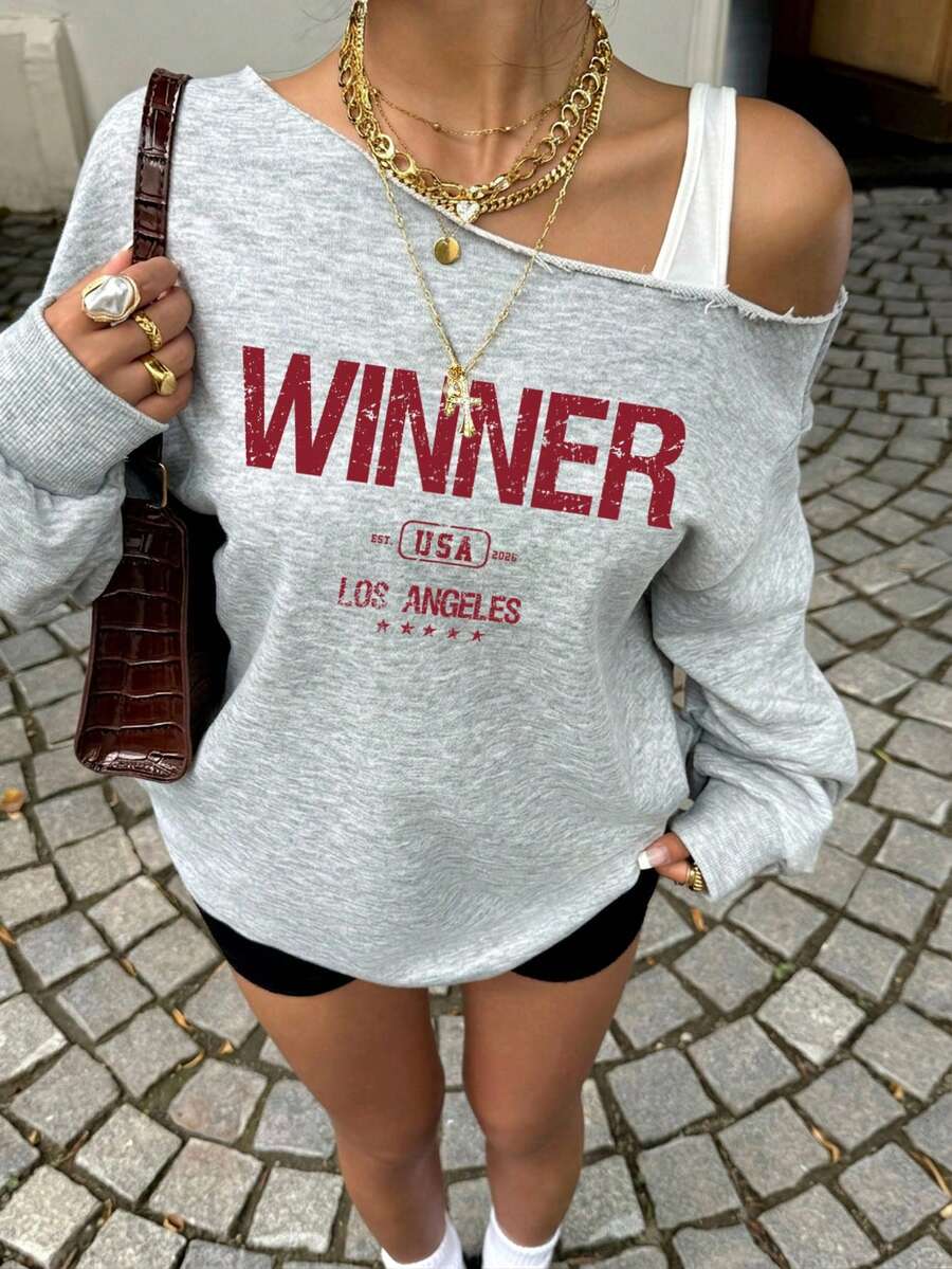 SHEIN EZwear 女款四季通用不對稱領口印花胸前圖案運動衫,休閒時尚街頭風,現代都市商務休閒辦公穿搭 - 灰色 - 查看 1