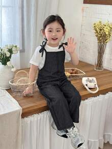 SHEIN Little Byeori 女童深藍色牛仔寬鬆連身褲 - 黑色 - 查看 3