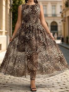 Velvienne Gaun Musim Panas Tanpa Lengan Motif Leopard Bahan Chiffon Leher Bulat, Garis Leher dengan Detail Lipatan Halus untuk Melembutkan Garis Bahu dan Memperindah Garis Leher, Kain Chiffon Ringan dan Lembut, Gaun Ukuran Besar - Coffee Brown - View 8