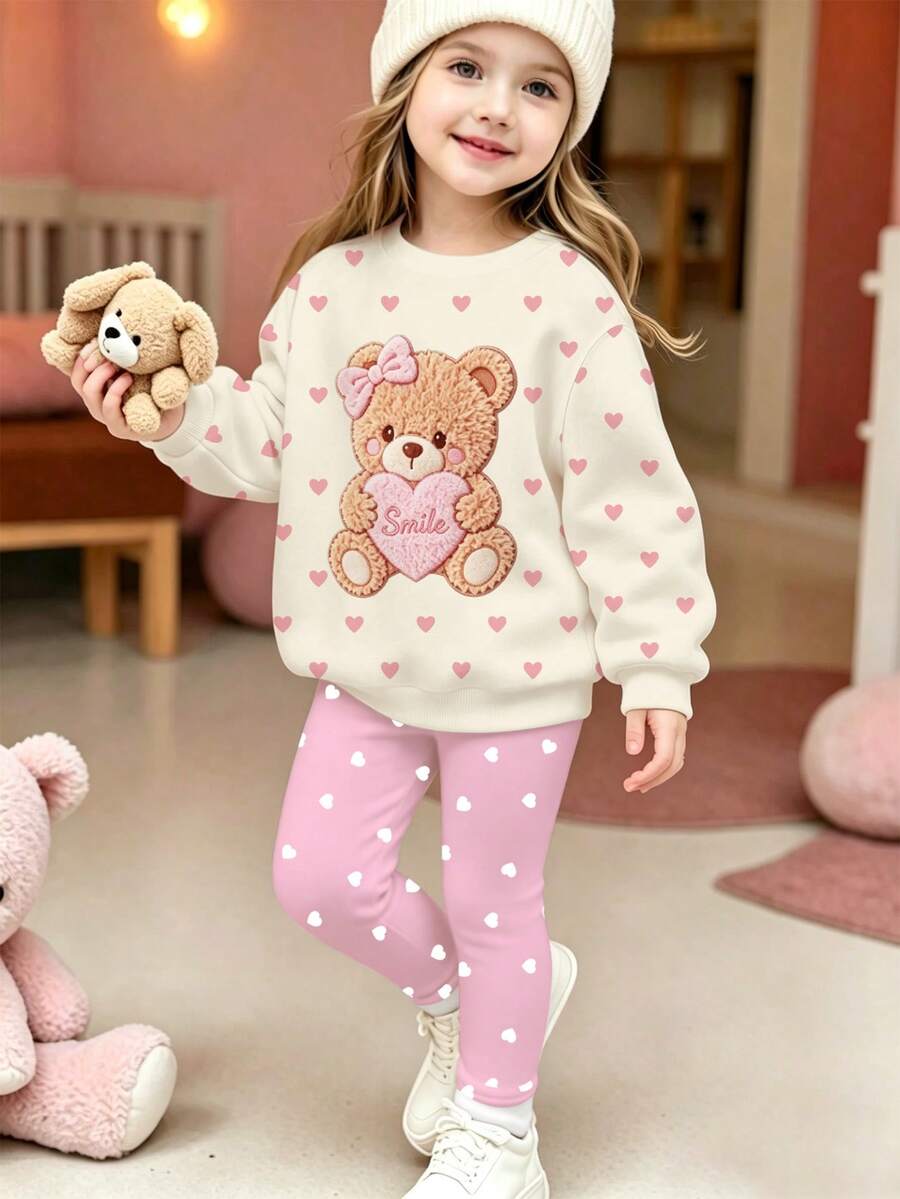 1套女童韓系甜美風全印花淺粉色愛心毛絨熊蝴蝶結圓領衛衣與淺粉色白波點愛心修身內搭褲,適合度假、旅行、日常穿著,春秋季幼童女裝套裝 - 彩色 - 查看 1