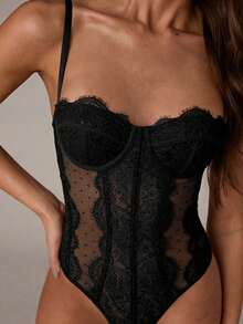 SHEIN BAE Women's Sexy Lace Polka Dot Mesh Patchwork Camisole Camisole - Black - View 5