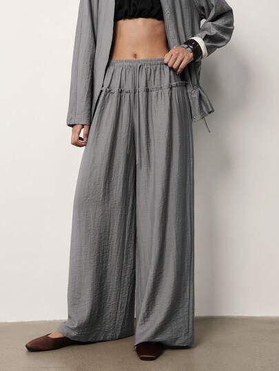 MERLEAU Women's Solid Color Pleated Casual Versatile Daily Wear Wide Leg Long Pants