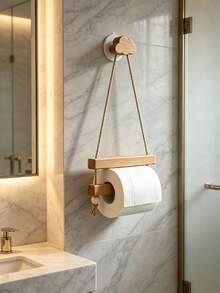 1pc Toilet Paper Holder Wall Mount - No Drilling Wooden Tissue Holder For Bathroom, Adjustable Rope Toilet Roll Holder With Cloud Hook - Multicolor - View 5