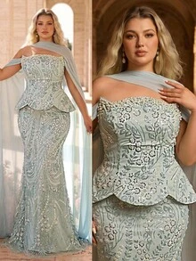 Glamrae Plus Size Elegant Classy Formal Luxurious Dusty Blue Cold Shoulder Hanging Sleeve 3D Floral Bead Sequin Lace Sexy Mermaid Evening Dress Wedding Winter - Baby Blue - View 3
