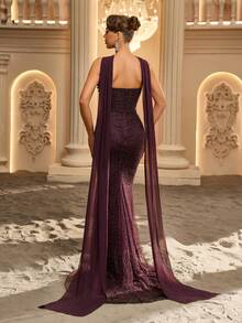 Glamrae Elegant Coffee Brown Luxury 3D Beaded Embroidery Bandeau Top With Heavy Hand-Embellished Beading, Slimming Pleated Front, Chiffon Strapless Drape (Multiple Wearing Styles) And Mermaid Skirt, Suitable For Date, Bachelorette Party, Wedding, All Formal Occasions, Women's Evening Gown - Brown - View 3