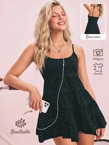 SHEIN Sovereign Charm 女款波點印花荷葉邊下擺細肩帶運動洋裝 - 黑色 - 查看 7