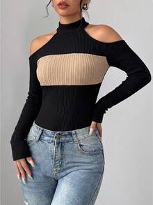 Selianne Street Fashion Open Shoulder Contrast Color Long Sleeve Bodysuit For Vacation And Travel - Black - View 8