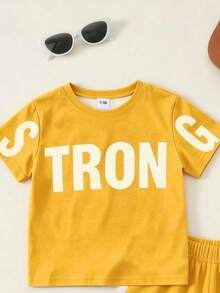 SHEIN RANDOM 3 SETSSEND 1 SET Summer Handsome Youth Sports Style Summer Outing Preferred Minimalist Letter Print Pattern Yellow T-Shirt With Shorts, Minimalist Letter Print Pattern Red T-Shirt With Shorts, Minimalist Letter Print Pattern Grey T-Shirt With Shorts - Multicolor - View 6