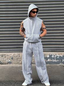 DAZY Autumn/Winter Thermal Lined Grey Hooded Sleeveless Half-Zip Sweatshirt And Elastic Waist Long Pants Men's Set - Grey - View 5