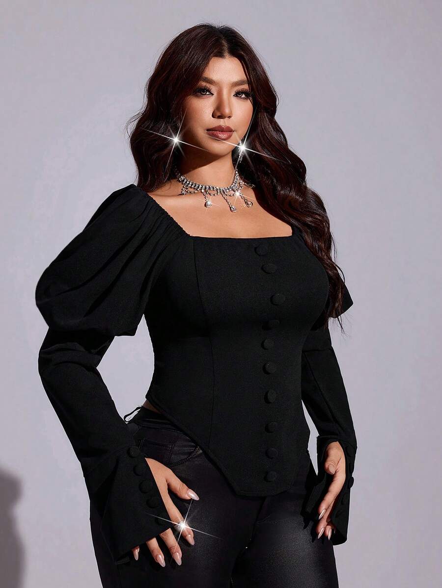 Viva Relle Plus Size Women's Elegant Blouse With Puff Sleeves, Button Decor And Asymmetrical Hem - Black - View 1