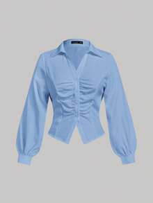 SHEIN MOD Light Blue,Autumn,Elegant,Everyday Plus Size Pleated Front Long Sleeve Fitted Ladies Blouse,Business Casual,90s,Back To School,Work Tops - Blue - View 1