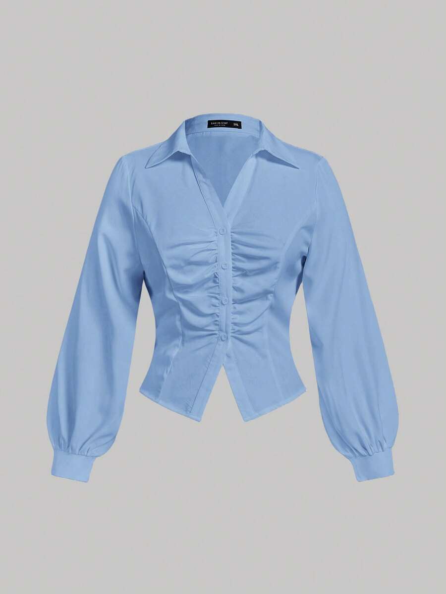 SHEIN MOD Light Blue,Autumn,Elegant,Everyday Plus Size Pleated Front Long Sleeve Fitted Ladies Blouse,Business Casual,90s,Back To School,Work Tops - Blue - View 1