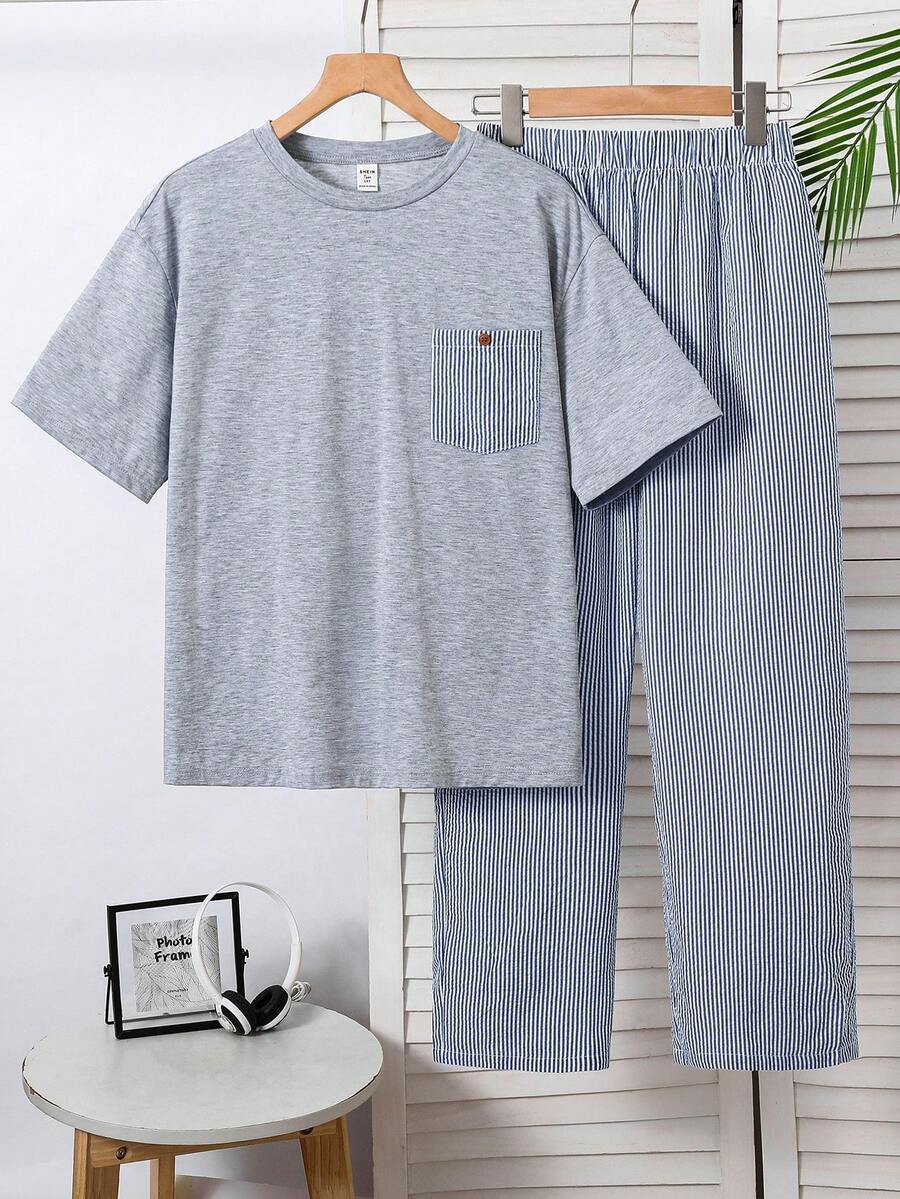 SHEIN 兒童青少年男孩休閒藍色拼色條紋短袖T恤與短褲兩件套