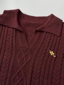 Maweii Sweater Pullover Leher Polo Bordir Lengan Lentera Motif Berlian Rajutan Kabel Vintage Ukuran Besar untuk Wanita - Merah - View 6