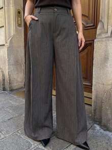 Dazy Plus Plus Size Women's Loose Striped Wide Leg Pants, Business Casual Commuter Style, Spring/Autumn - Grey - View 5