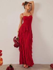 Silquee Mesh Pleated Hem Ruffle Cami Dress - Red - View 8