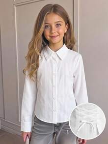 SHEIN 兒童青少年女孩優雅正式純白色長袖襯衫，綁帶收腰上衣，返校季校園正式秋季穿搭 - 白色 - 查看 12