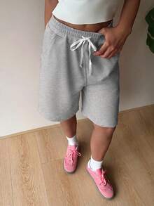 SHEIN EZwear 女士休闲灰色针织阔腿百慕大短裤，带口袋 - 灰色 - 查看 5