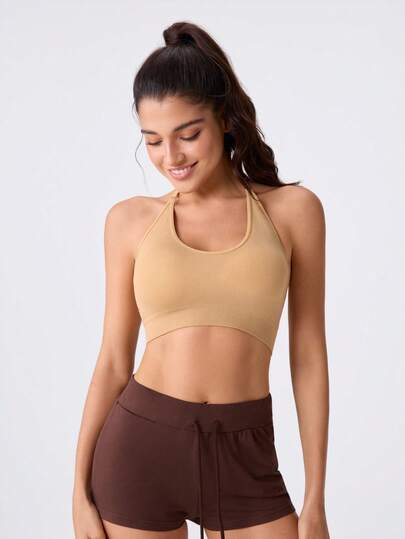 Loungeista 1pc Women's Solid Color Halter Neck Sports Bra, Removable Padding Fitness Yoga Back-Showing Comfortable Sports Underwear