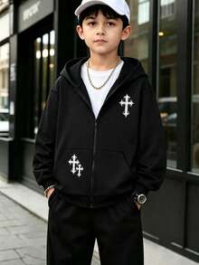 SHEIN Tween Boy Cross Print Sweatshirt - Black - View 3
