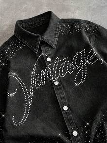 Manfinity VCAY Men's Casual Washed Rhinestone Denim Shirt Streetwear Y2K - Black - View 3