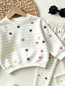 Conjunto de 2 piezas para niñas jóvenes con rayas, flores coloridas y corazones, sudadera de cuello redondo y manga larga, pantalones largos de cintura elástica, atuendo casual y lindo para exteriores, estilo otoño/invierno - Multicolor - Ver 4