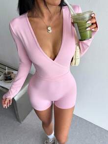 SHEIN Dewbera 女款純色深V領長袖運動連身褲 - 粉色 - 查看 1