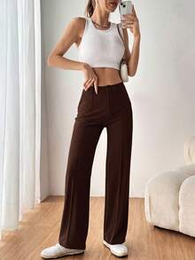 SHEIN EZwear 女款純色直筒西裝長褲 秋冬款 - 棕色 - 查看 6