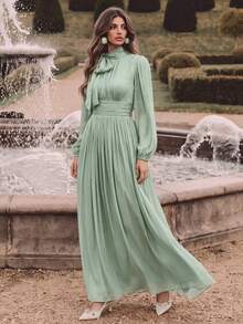 Anewsta Essential Women's Long Dress With Waist Ruffle, Shiny & Elegant Versatile Style, Spring/Autumn - Mint Green - View 7