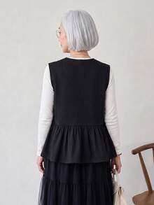 FRIFUL Women's Early Autumn New Korean Style Zipper Layered Vest With Patchwork Pleated Ruffle Hem Regular Jacket - Black - View 7