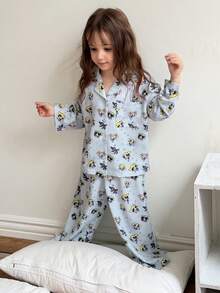 THE POWERPUFF GIRLS X DAZY Setelan Santai 2 Potong untuk Anak Perempuan, Atasan Lengan Panjang Longgar Motif Kartun + Celana Panjang Lurus, Musim Gugur - Baby Blue - View 3