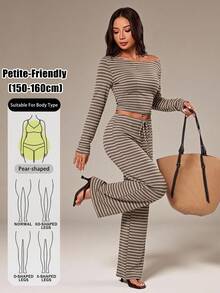 SHEIN PETITE Women's Striped Long Sleeve T-Shirt And Pants Casual 2 Pieces Set - Brown - View 12
