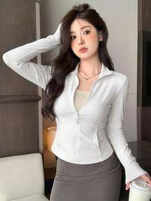DAZY 女款休閒運動拉鍊夾克，標準版型，春秋女裝薄款外套 - 白色 - 查看 9