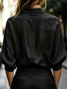 SHEIN Women's Linen Casual Commute Lazy Long Sleeve Shirt - Black - View 2