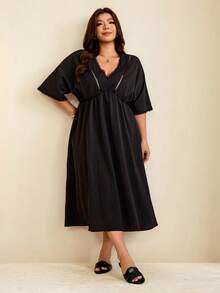 Edennvi Women's Plus Size Solid Color Contrast Lace Batwing Sleeve Elegant Casual Dress, Summer Vacation Formal Black - Black - View 6