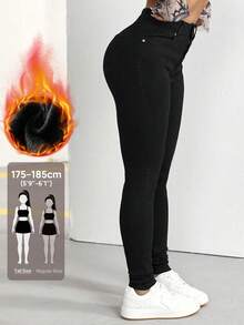 SHEIN Tall 女款修身休閒百搭牛仔褲，附口袋 - 黑色 - 查看 1